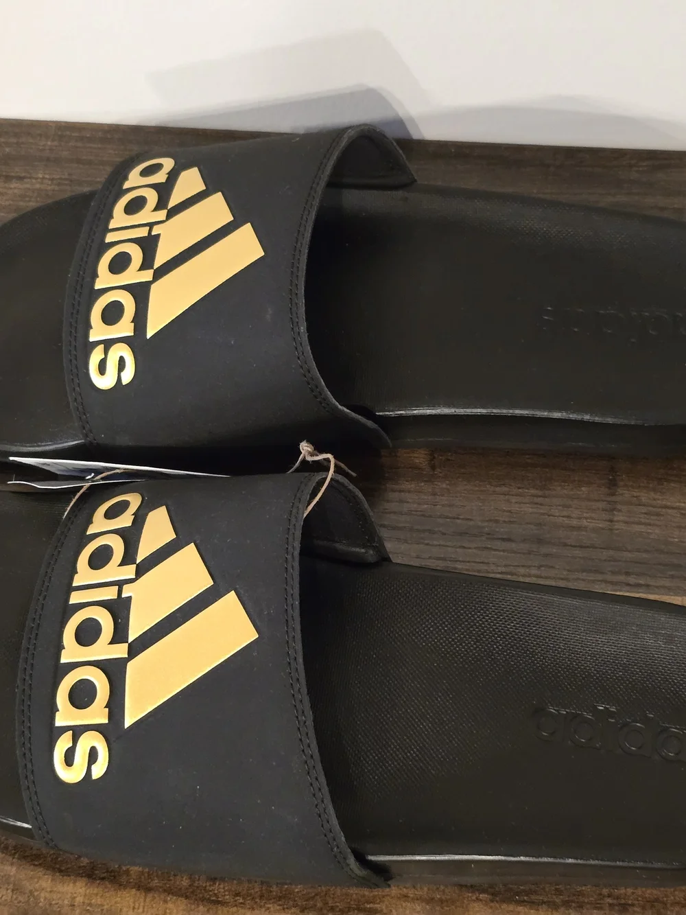NWT adidas Black Slides with Gold Logo Strap - Men's 10